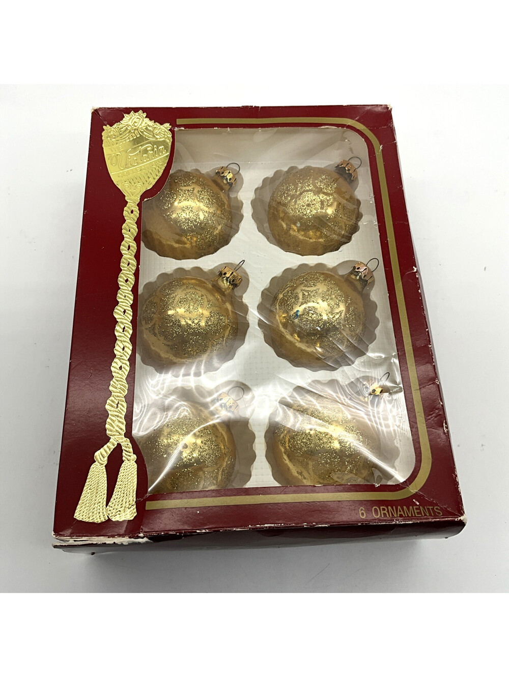 Victoria Collection Box of 6 Gold Glitter Glass Christmas Tree Ornaments Vtg USA